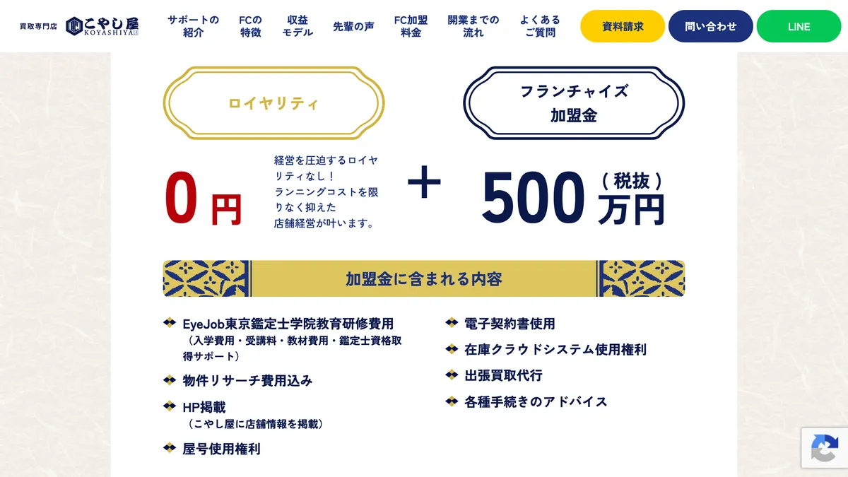 買取専門店 こやし屋 の加盟募集ページ（冒頭部分の引用）