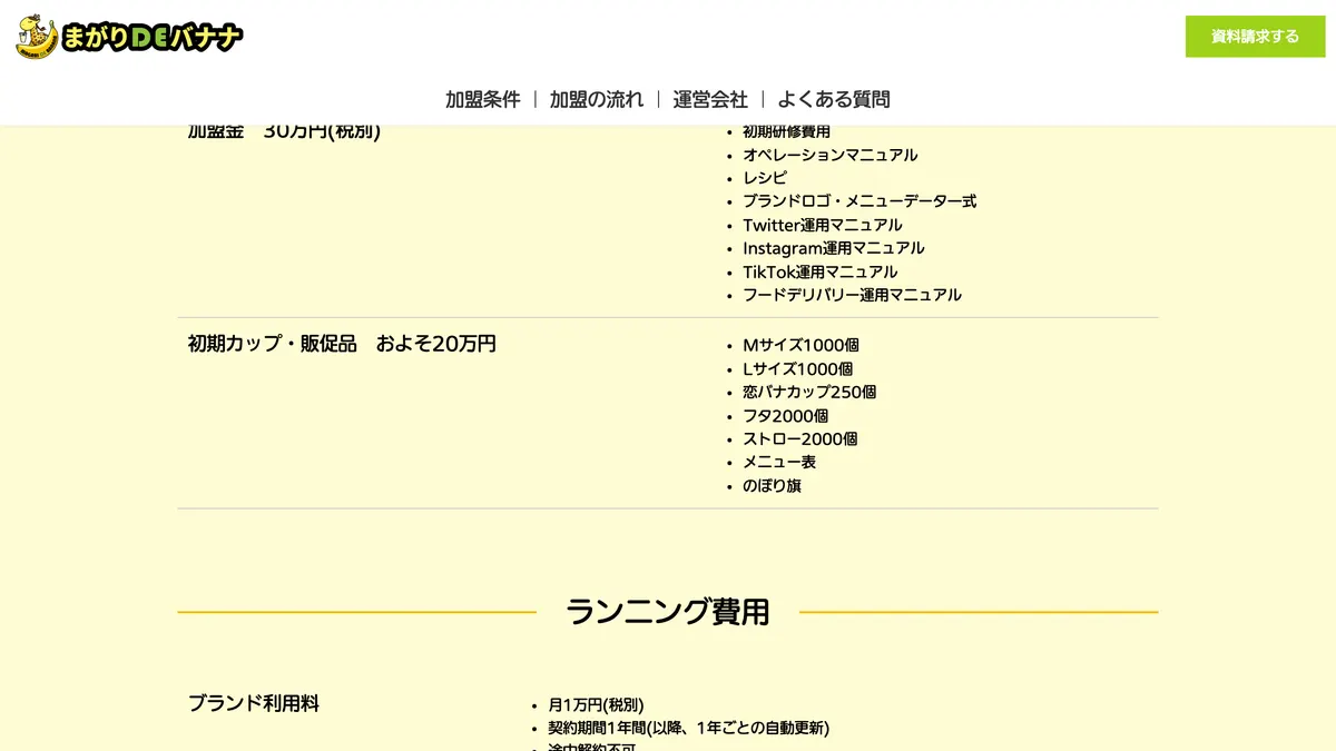 バナナジュース専門店 まがりDEバナナ の加盟募集ページ（冒頭部分の引用）